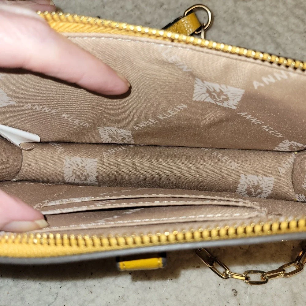 Anne Klein AK Yellow Wallet On Chain Crossbody‎ Purse Mustard Zip Top Gold Tone
